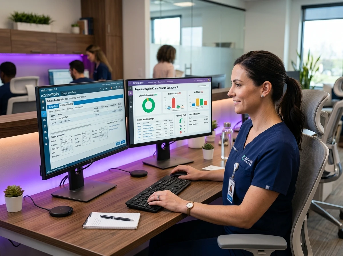 Medical billing specialist working inside an EHR and EMR system
