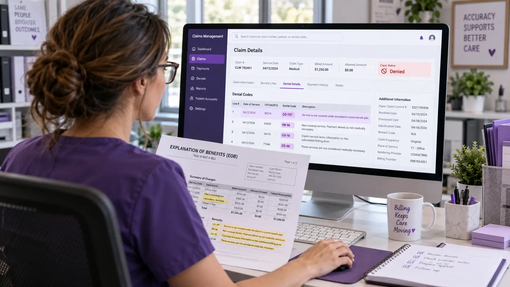 Medical billing specialist reviewing claim denial reasons